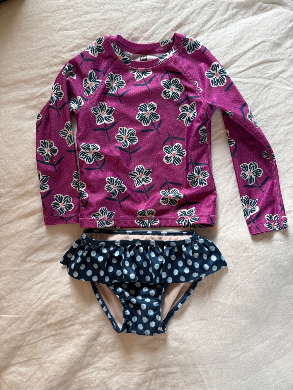 Tea Collection Purple Floral Long-Sleeve Rash Guard with Navy Polka Dot Bottoms